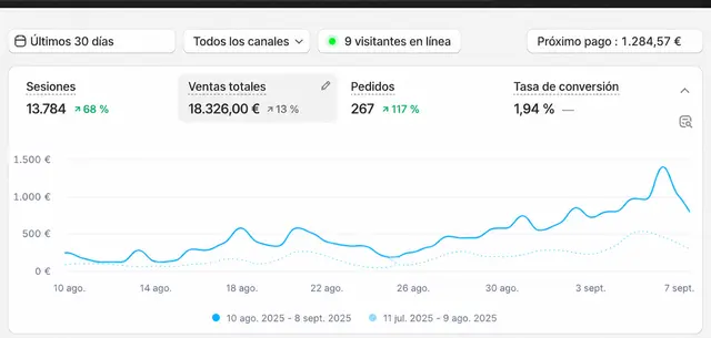 Panel de Shopify de una tienda del sector joyería que gestiona Likin, con la identidad anonimizada