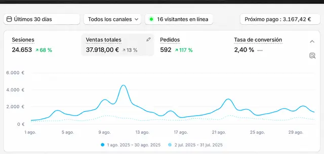 Panel de Shopify de una tienda del sector productos para bebés que gestiona Likin, con la identidad anonimizada