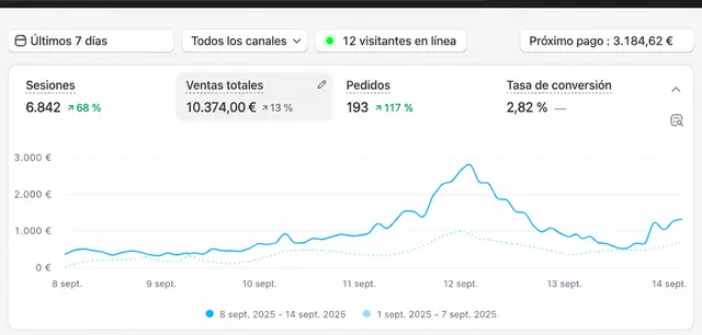 Panel de Shopify de una tienda del sector velas artesanales que gestiona Likin, con la identidad anonimizada